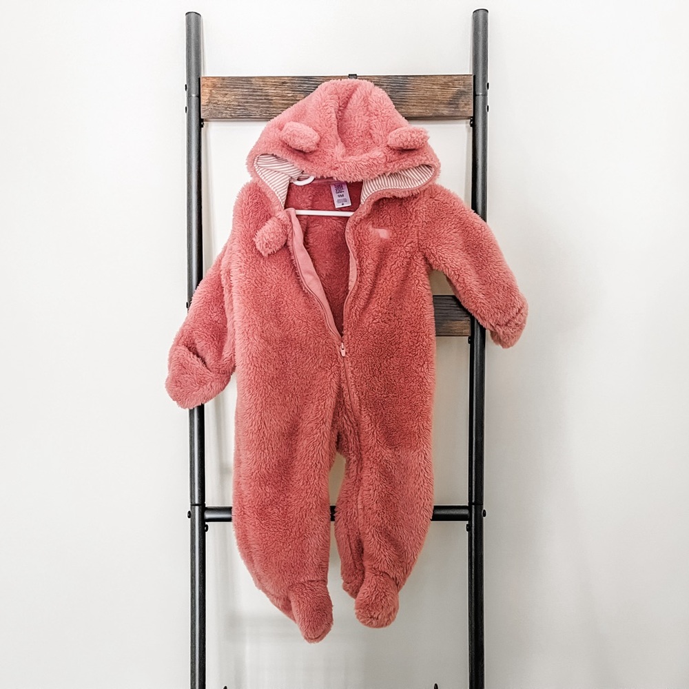 9 month pink Carters Hooded Pram, Fluffy Footed Suit
